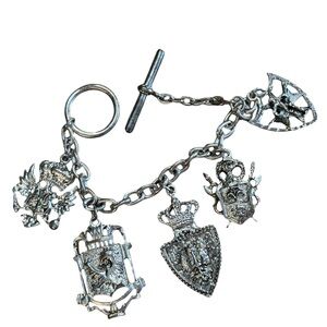 Silver Charm Bracelet Crest Pendants Vintage Lion Shield Crown Medallions